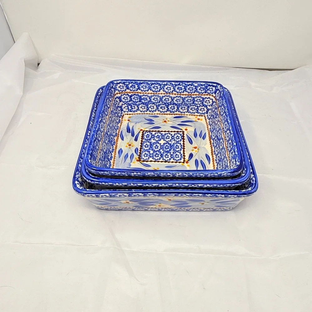 Temp-tations Old World Blue 3 Piece Nesting Square Baker Set 1.5qt 2qt 2.5qt